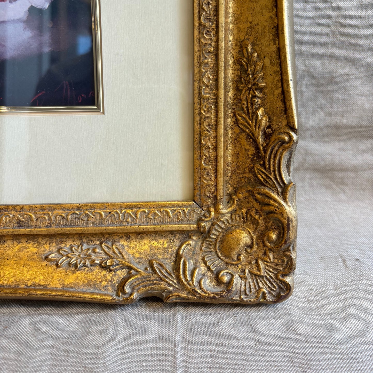 Vintage Floral Arrangement Art w/ Glass + Gold Ornate Frame