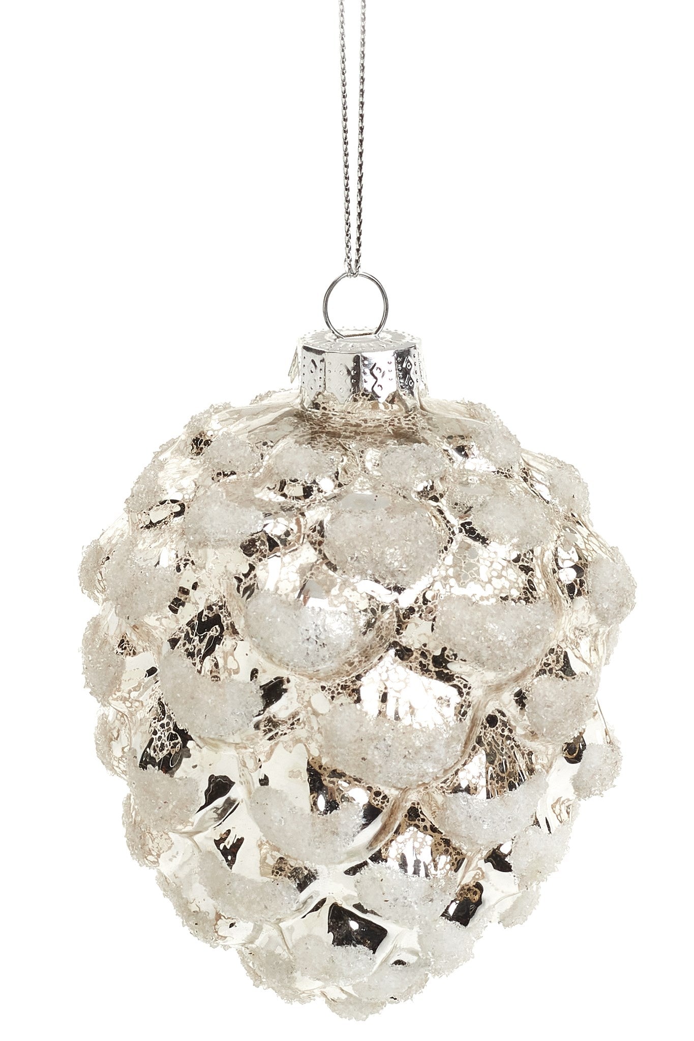 Glass Pinecone Ornament - White&Gold