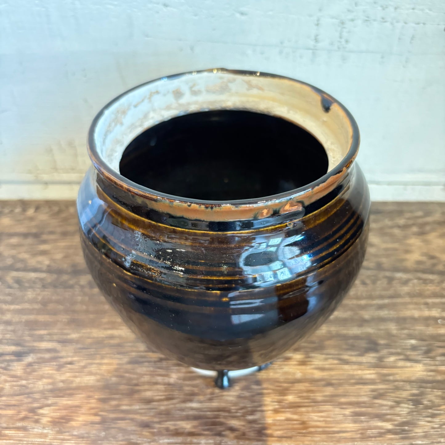 Vintage Glazed Pottery Pot - Dripping Brown