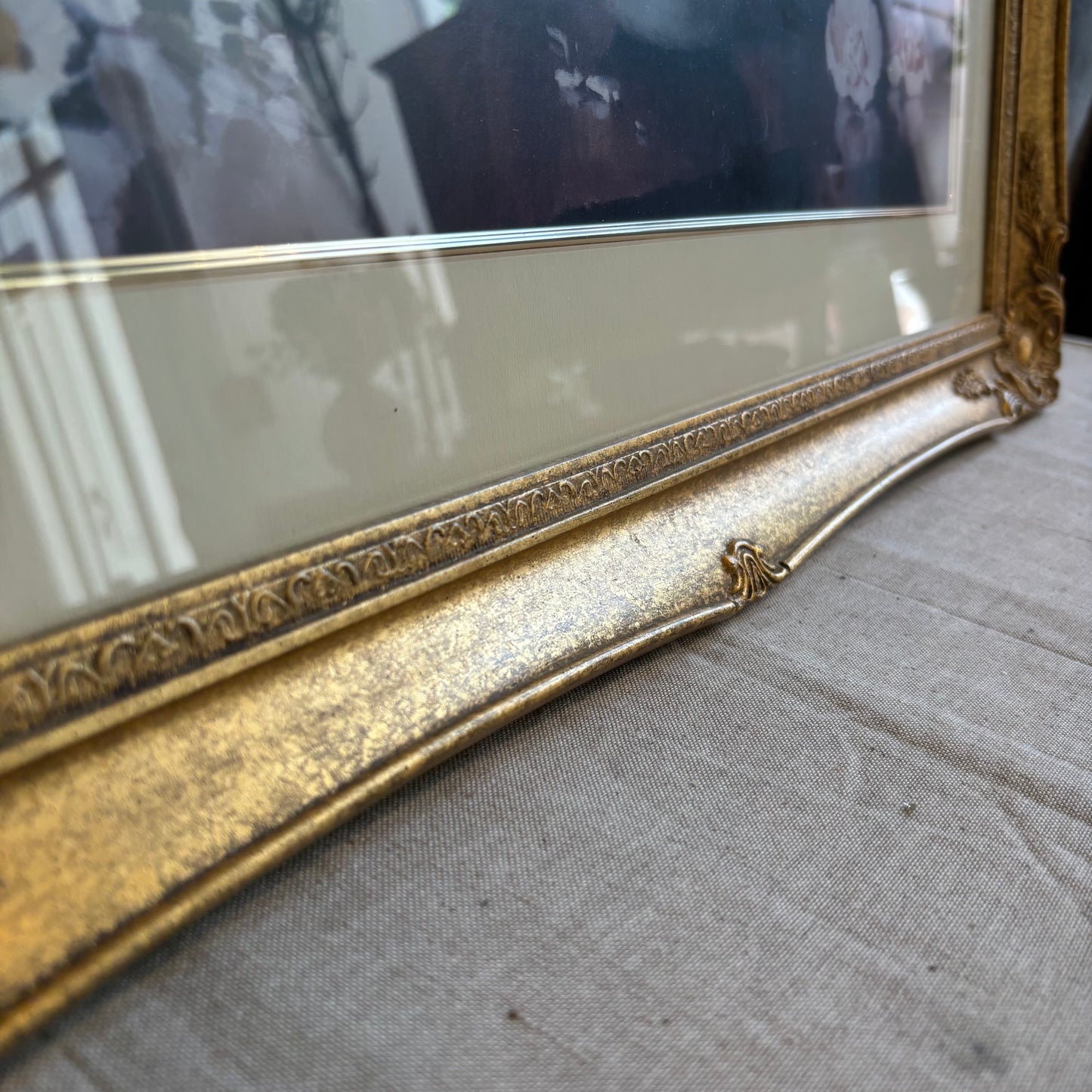 Vintage Floral Arrangement Art w/ Glass + Gold Ornate Frame