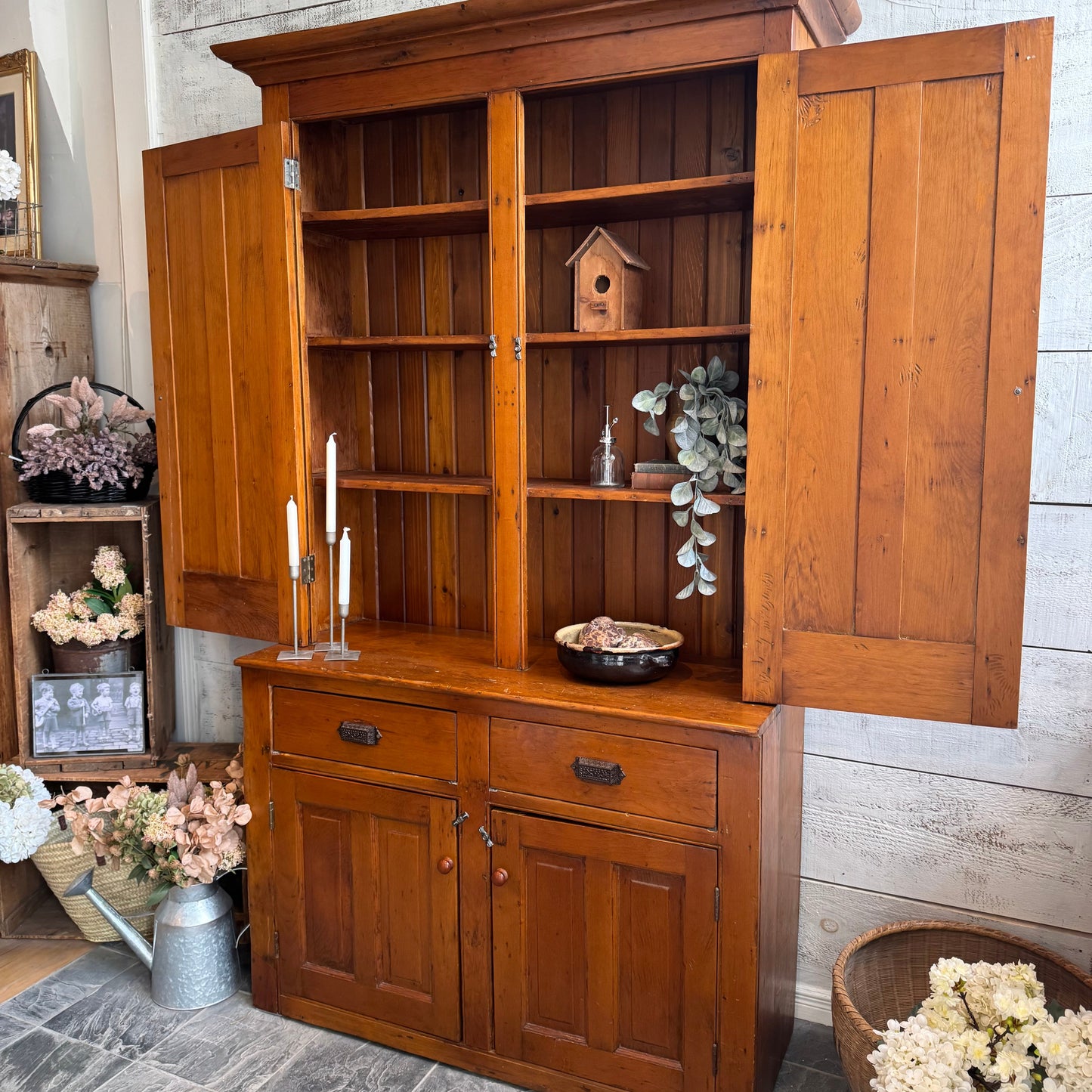 Vintage One Piece Wood Stepback w/ 4 Doors + 2 Drawers
