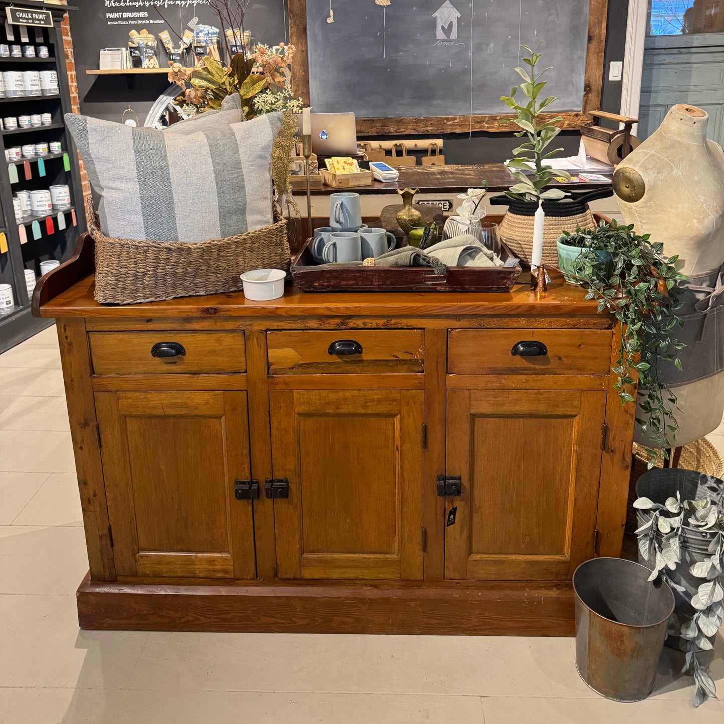 Vintage Wooden Sideboard w/3 Drawers + 3 Latched Doors