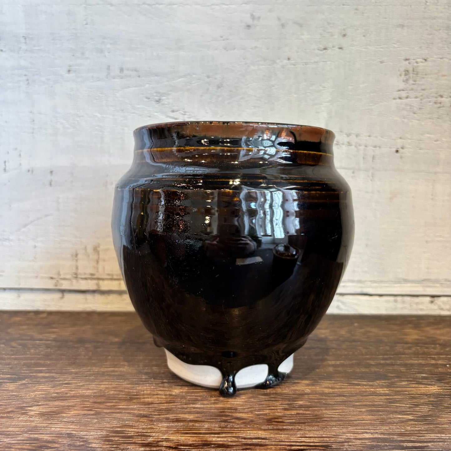Vintage Glazed Pottery Pot - Dripping Brown