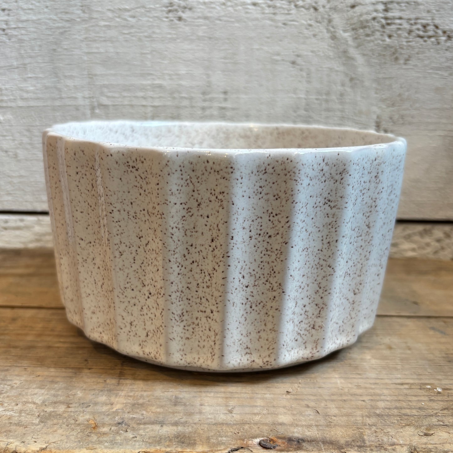 Vintage White Speckled Pottery Bowl - Fluted