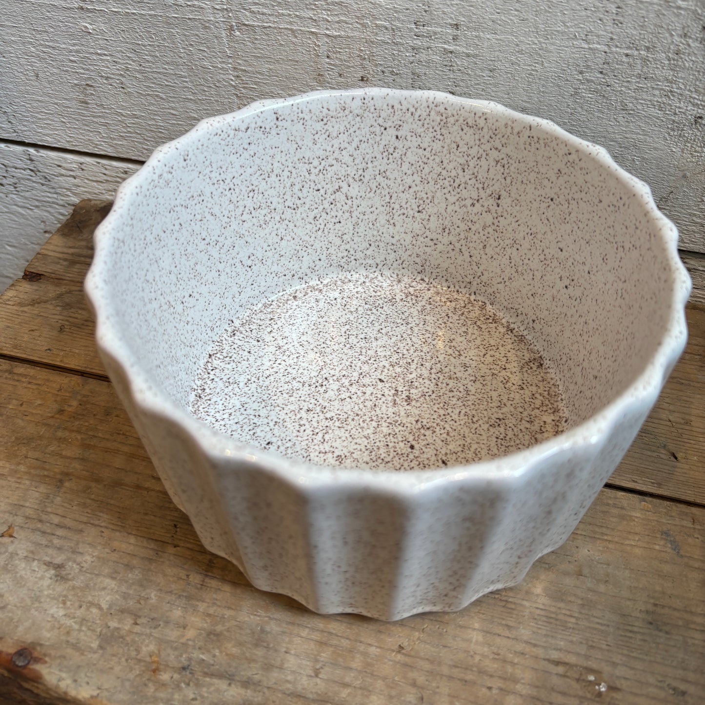 Vintage White Speckled Pottery Bowl - Fluted