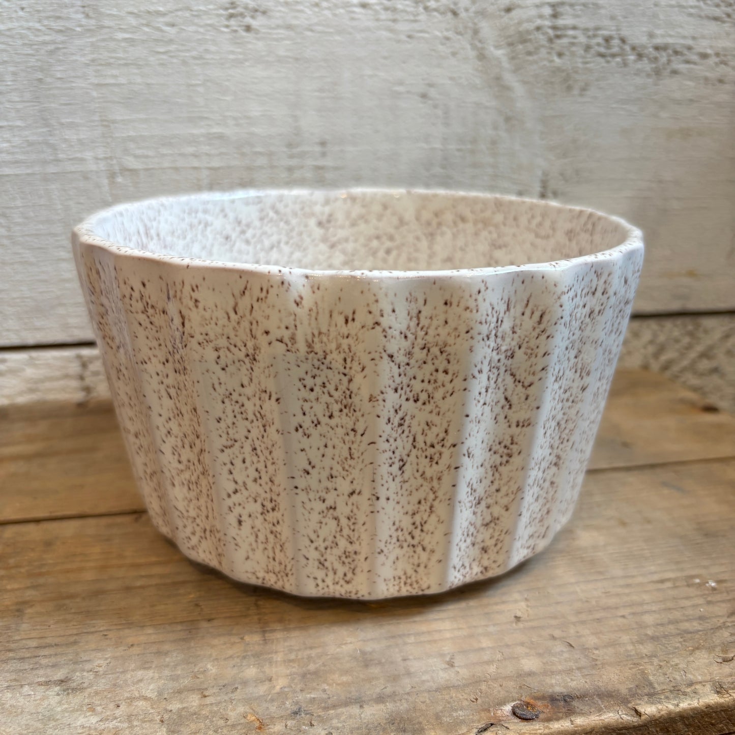 Vintage White Speckled Pottery Bowl - Fluted