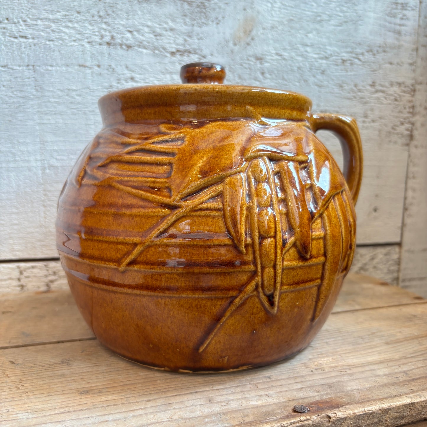 Vintage McCoy Glazed Bean Pot w/Leaf Design - Brown