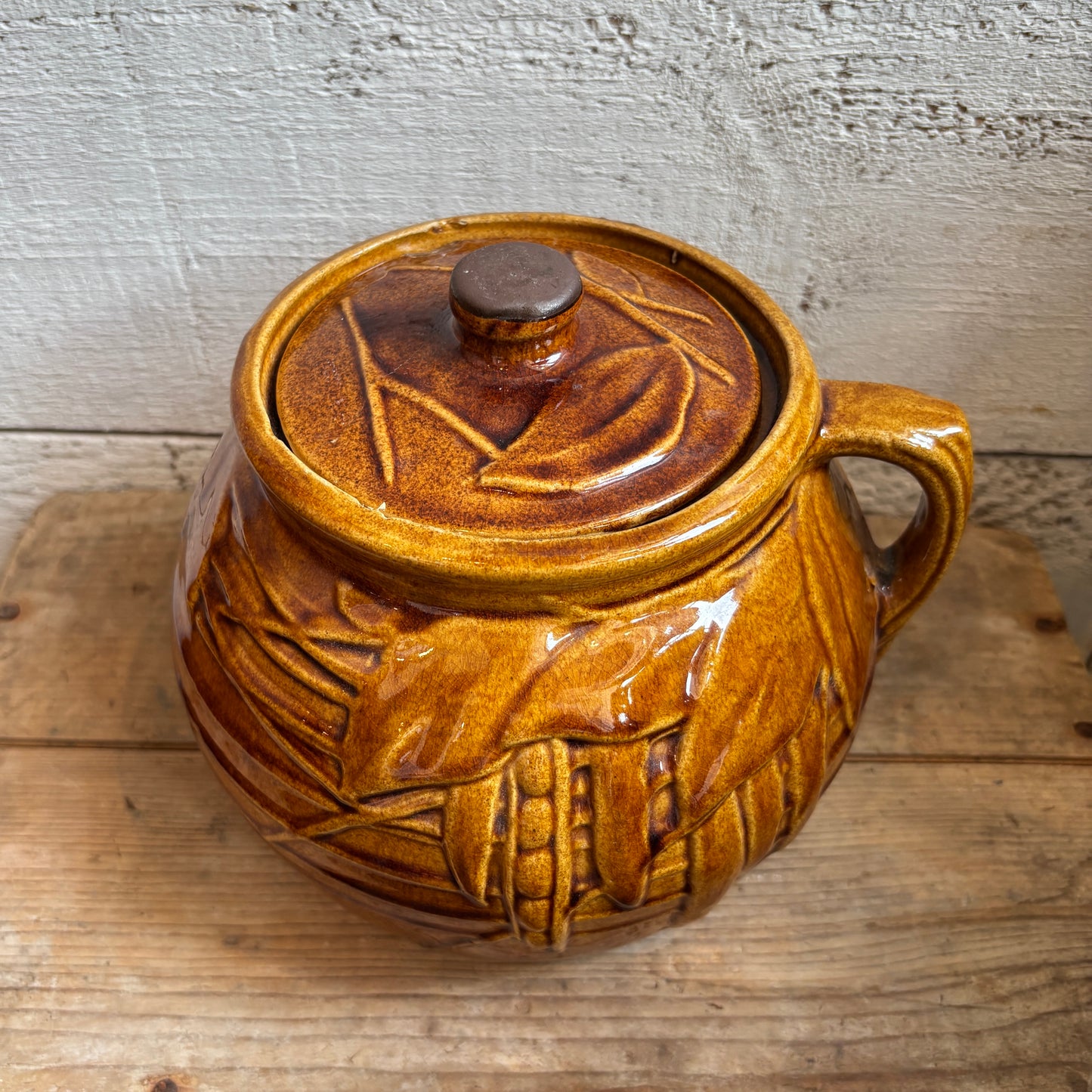 Vintage McCoy Glazed Bean Pot w/Leaf Design - Brown