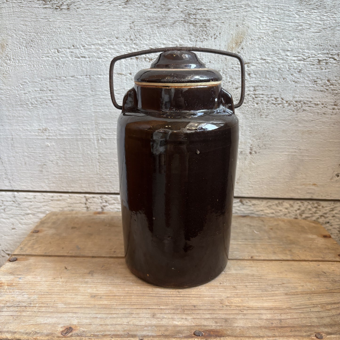 Vintage Stoneware Canning Crock w/ Lid - Dark Brown