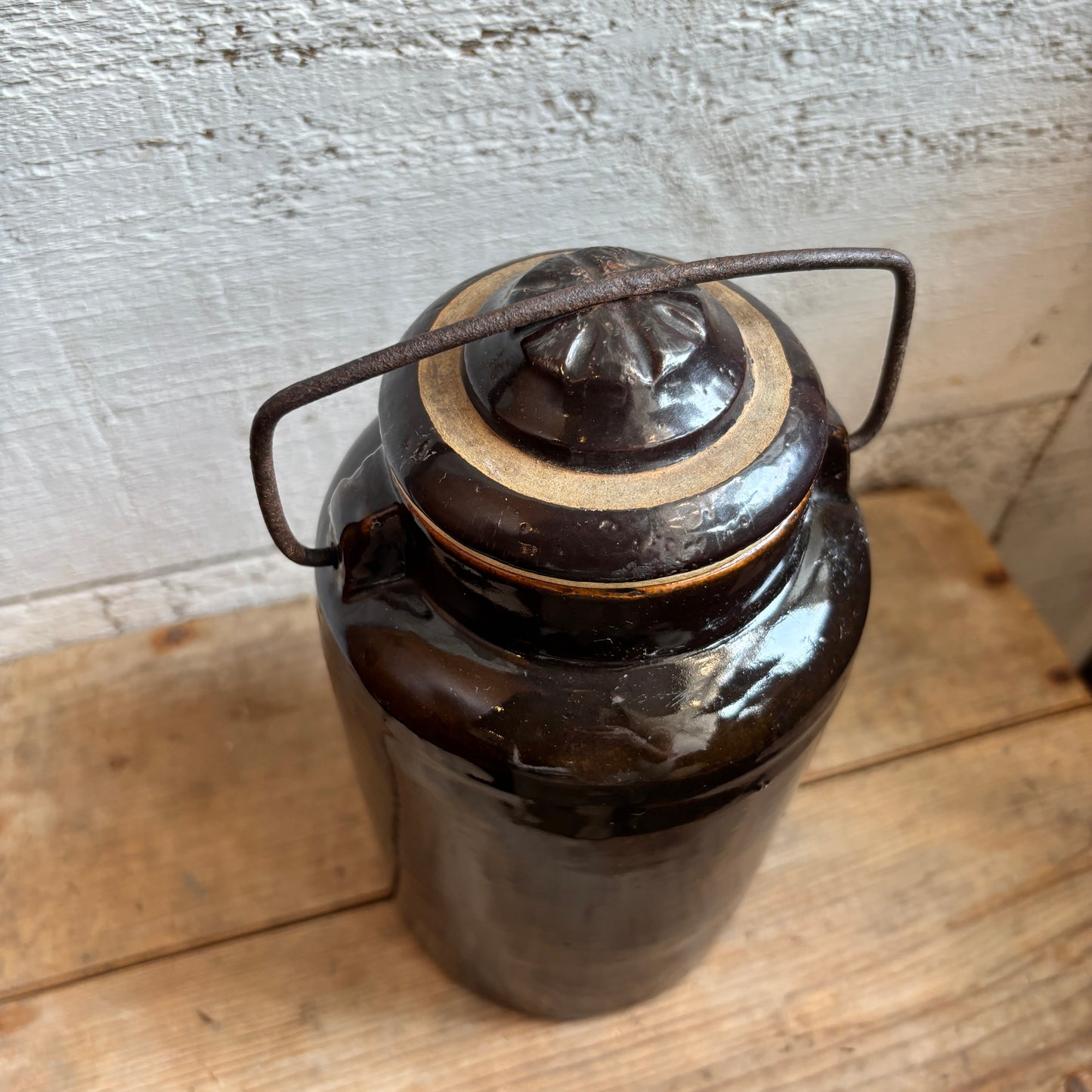 Vintage Stoneware Canning Crock w/ Lid - Dark Brown