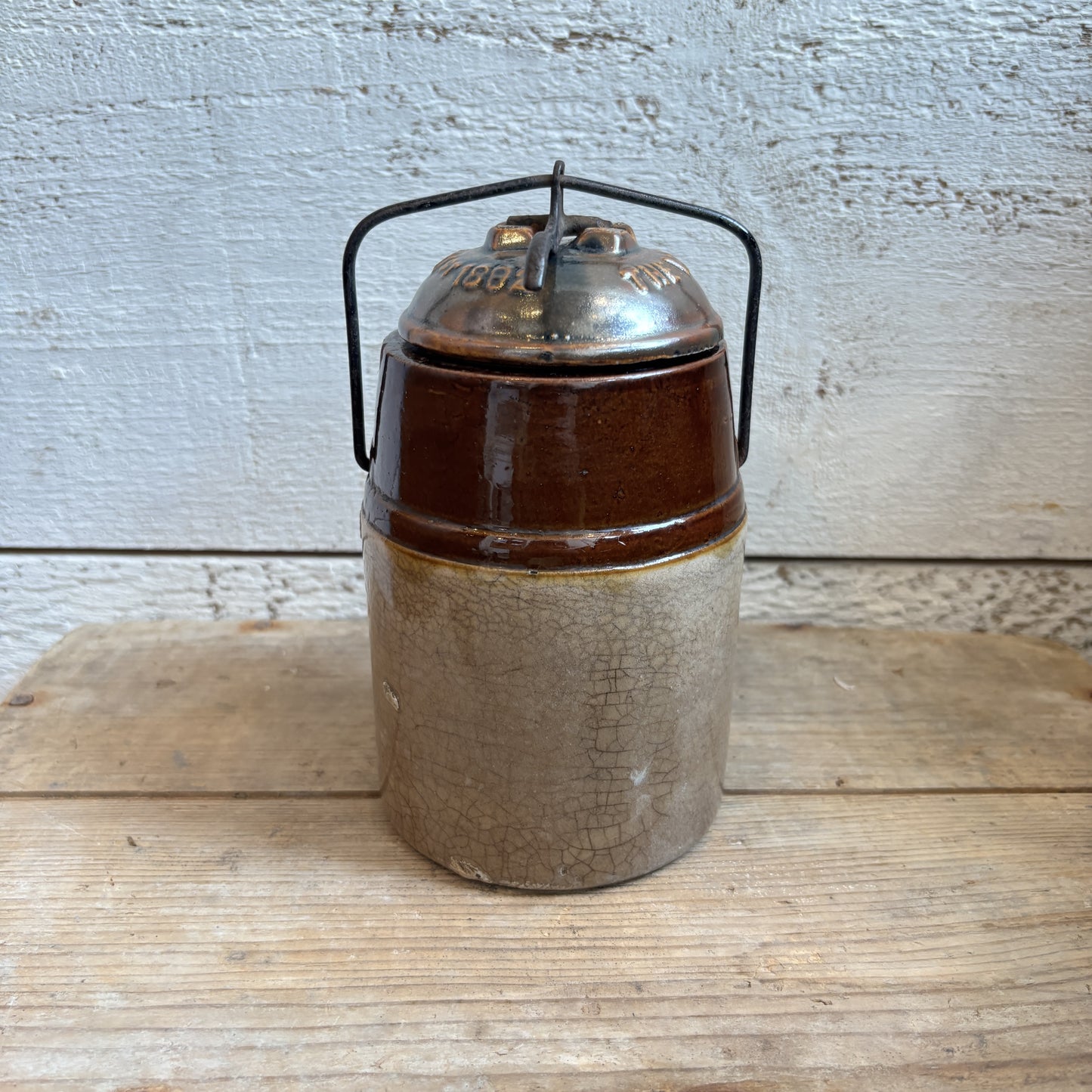 Antique Weir Stoneware Canning Jar w/Lid - Two Toned