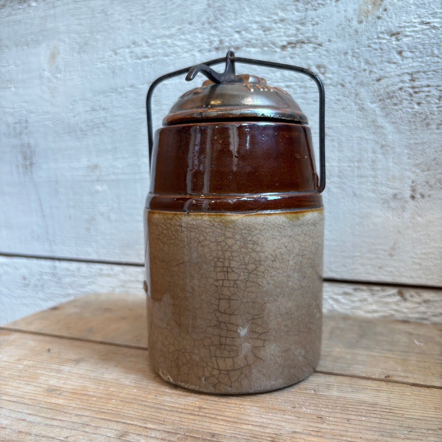 Antique Weir Stoneware Canning Jar w/Lid - Two Toned