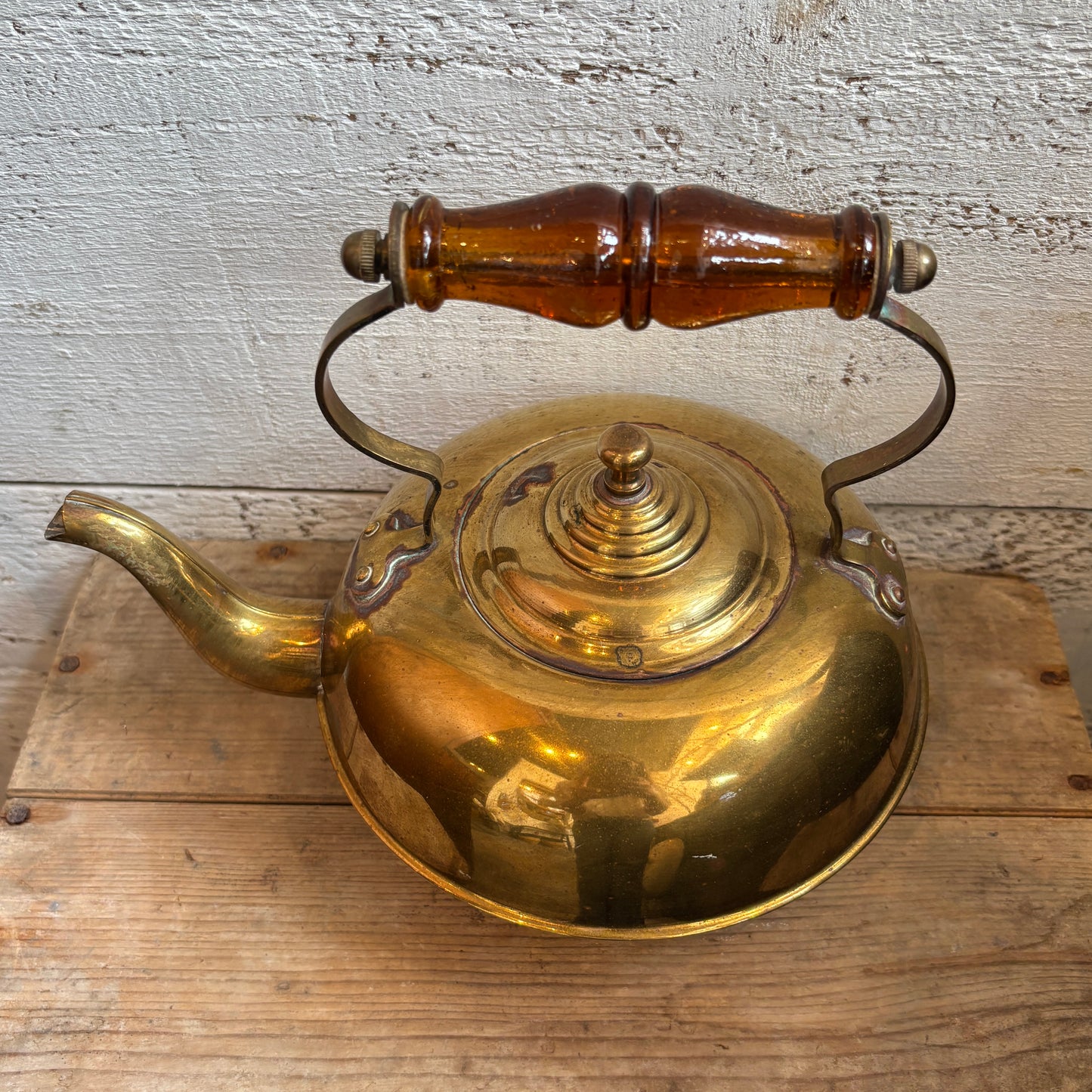 Vintage Brass Footed Tea Pot w/ Amber Glass Handle