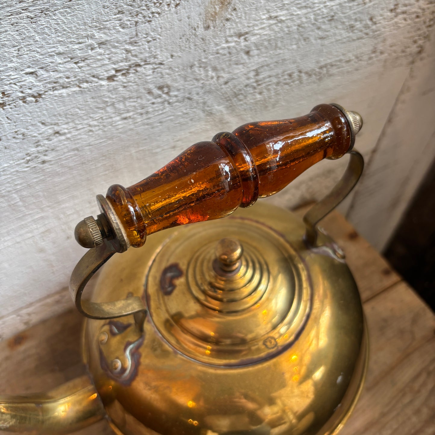 Vintage Brass Footed Tea Pot w/ Amber Glass Handle