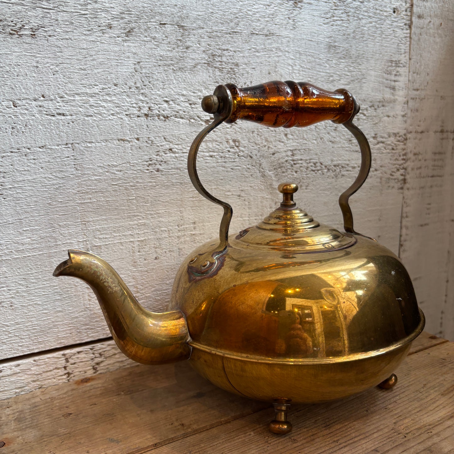 Vintage Brass Footed Tea Pot w/ Amber Glass Handle