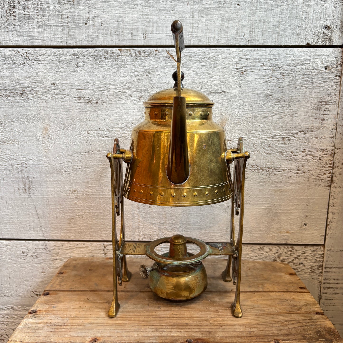 Vintage Brass Tea Pot w/Stand & Burner - Black Handle