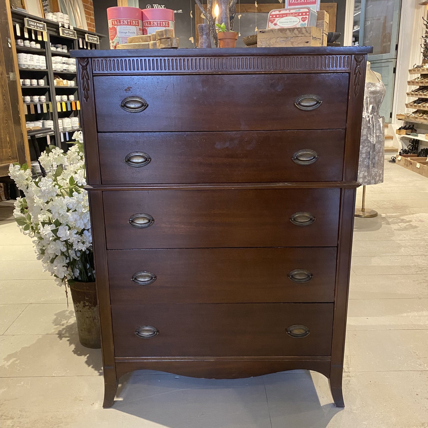 Vintage Dark Wood Tall Dresser - 5 Drawers
