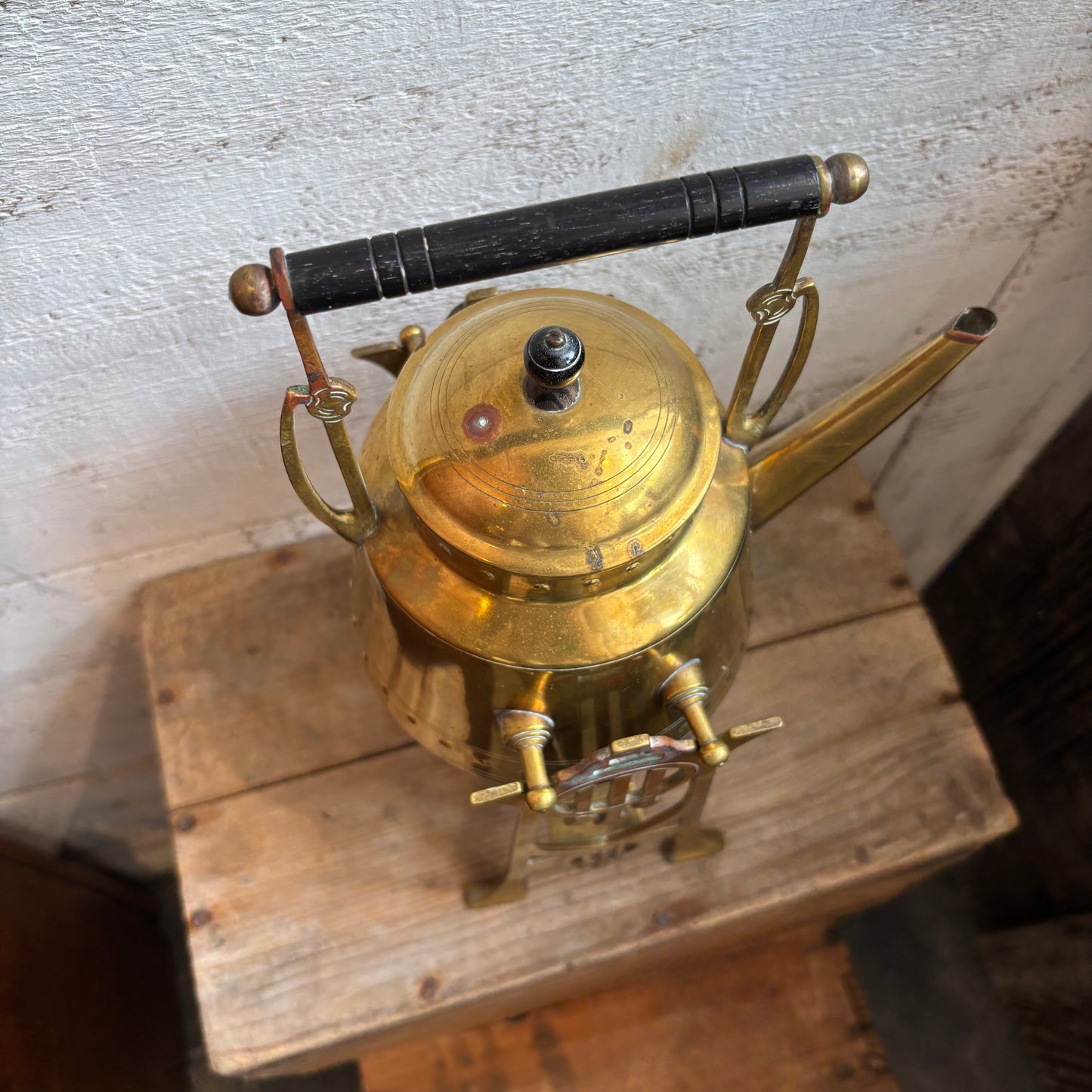 Vintage Brass Tea Pot w/Stand & Burner - Black Handle