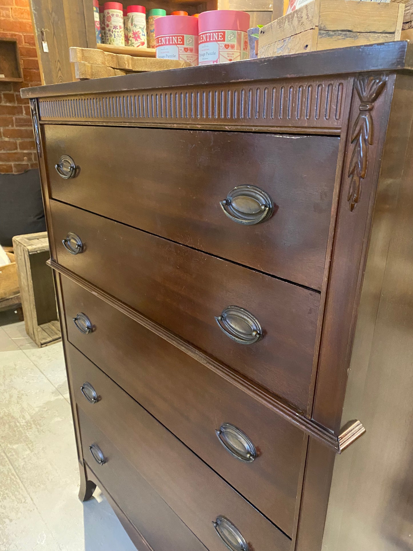 Vintage Dark Wood Tall Dresser - 5 Drawers