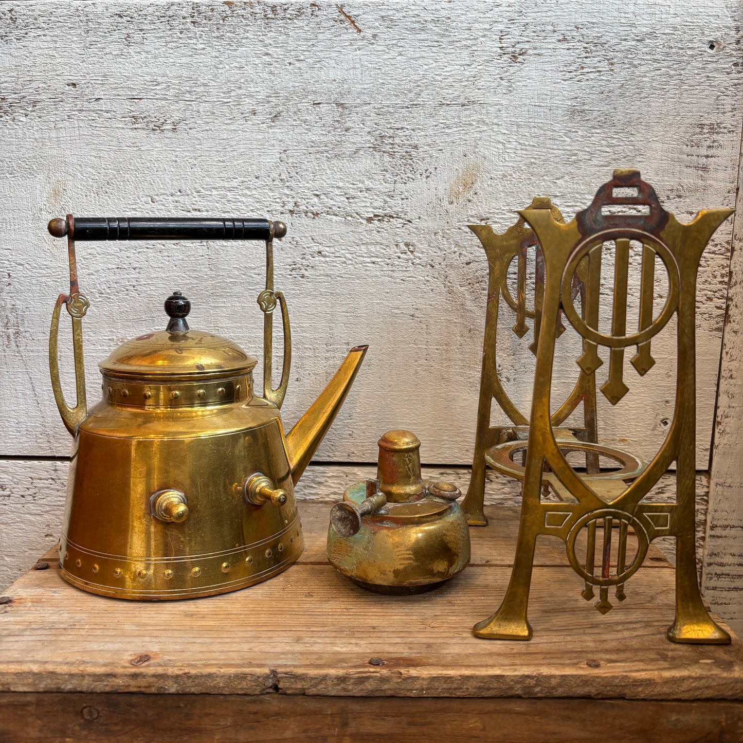 Vintage Brass Tea Pot w/Stand & Burner - Black Handle