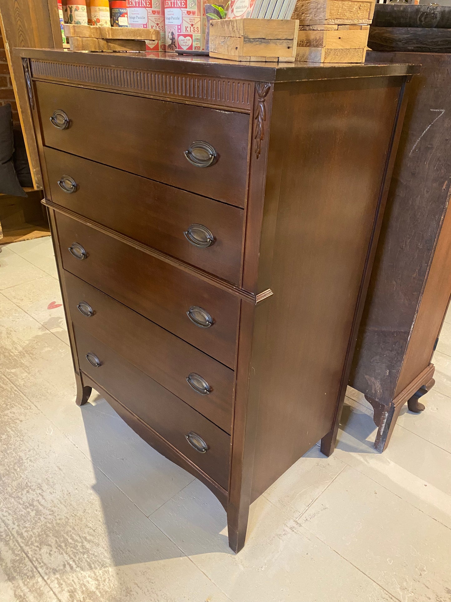 Vintage Dark Wood Tall Dresser - 5 Drawers