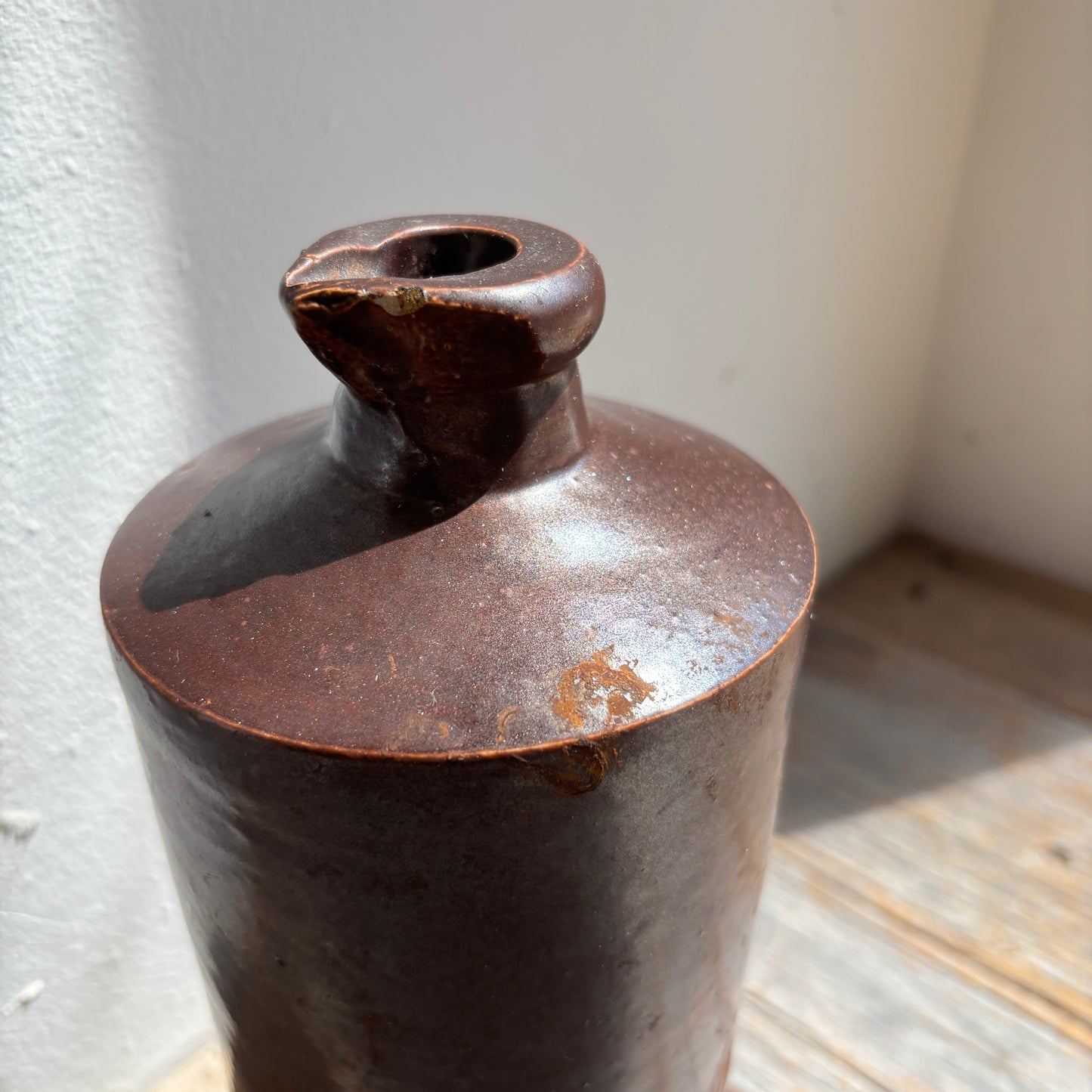 Vintage Stoneware Bottle w/Spout - Dark Brown