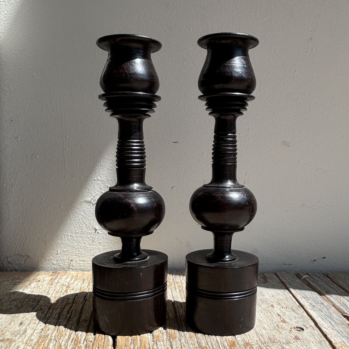 Vintage Dark Wood Spindle Candle Holders - Set of 2