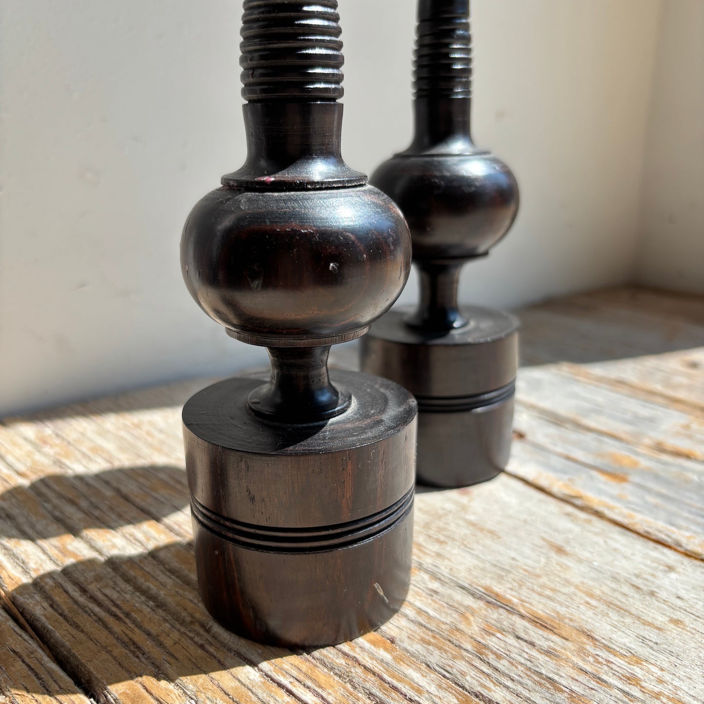 Vintage Dark Wood Spindle Candle Holders - Set of 2