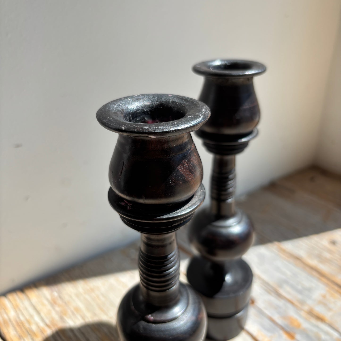 Vintage Dark Wood Spindle Candle Holders - Set of 2