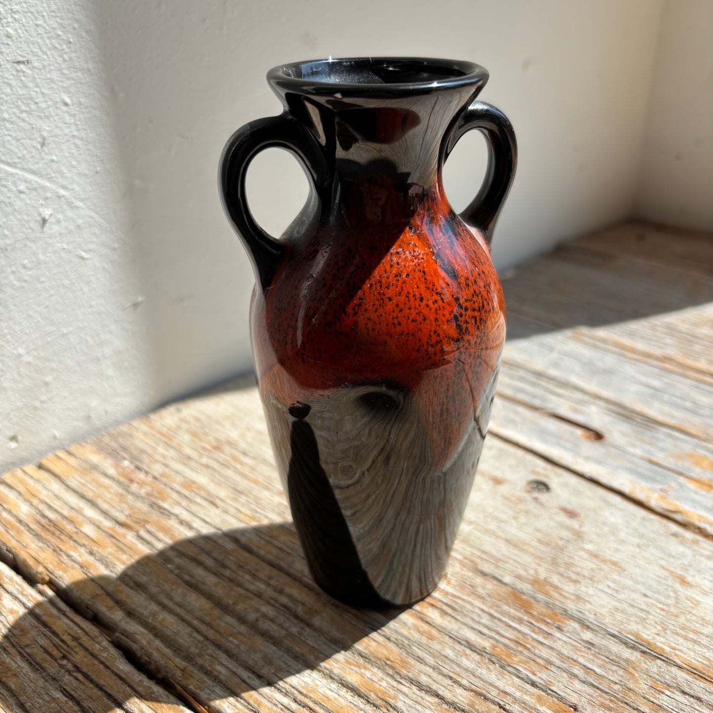 Vintage Ceramic Vase w/Handles - Black & Rust