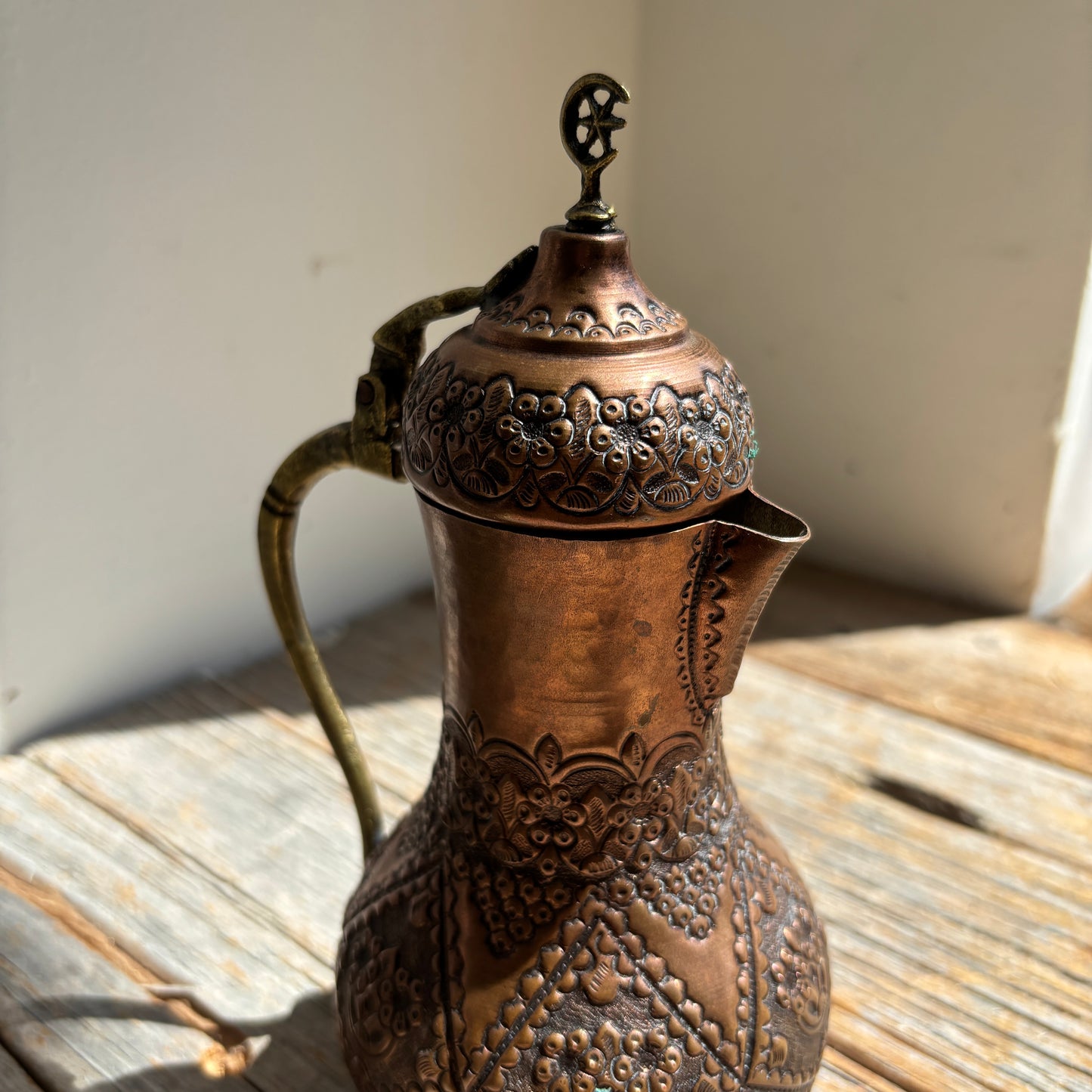 Vintage Copper Pitcher w/Brass Crescent Moon & Star
