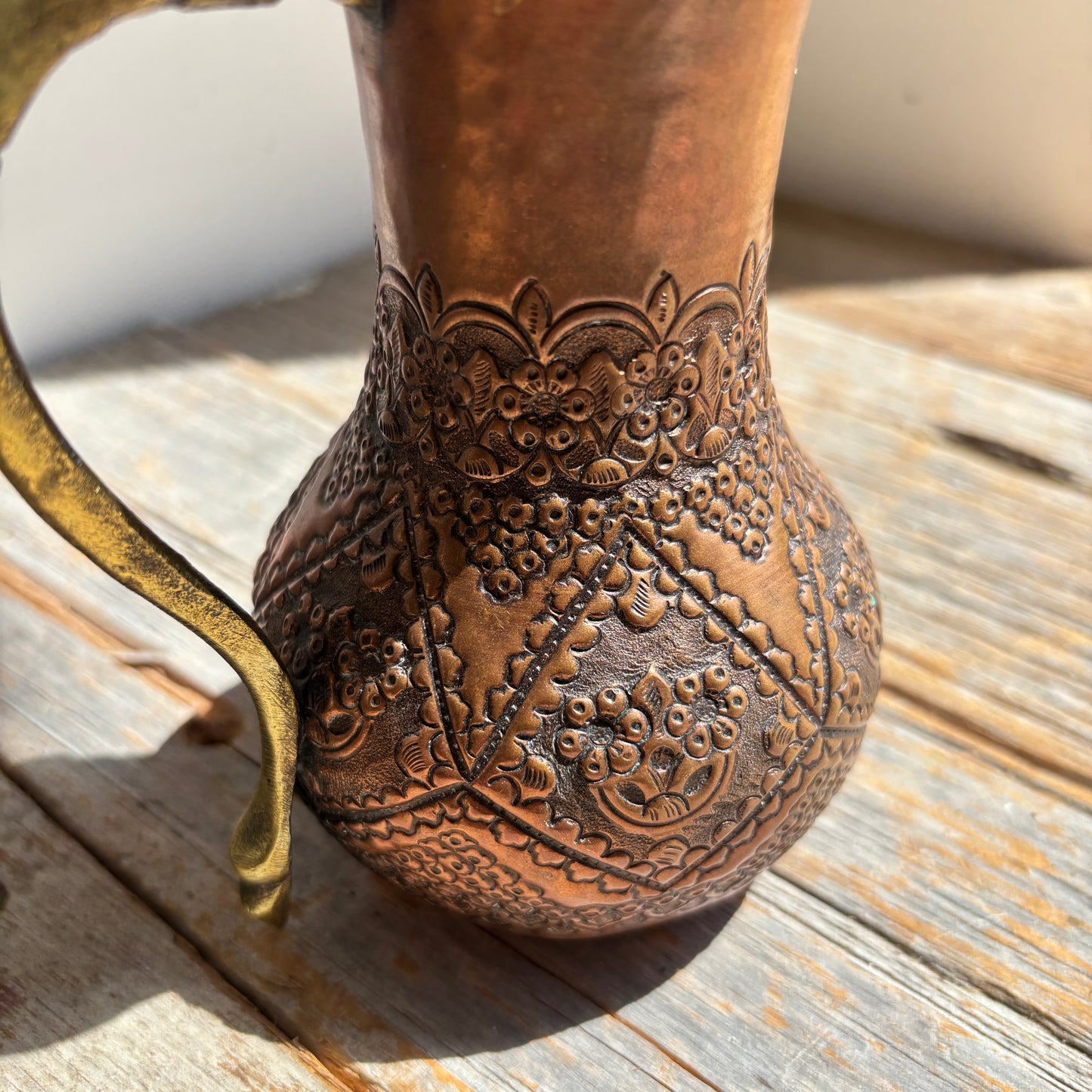 Vintage Copper Pitcher w/Brass Crescent Moon & Star