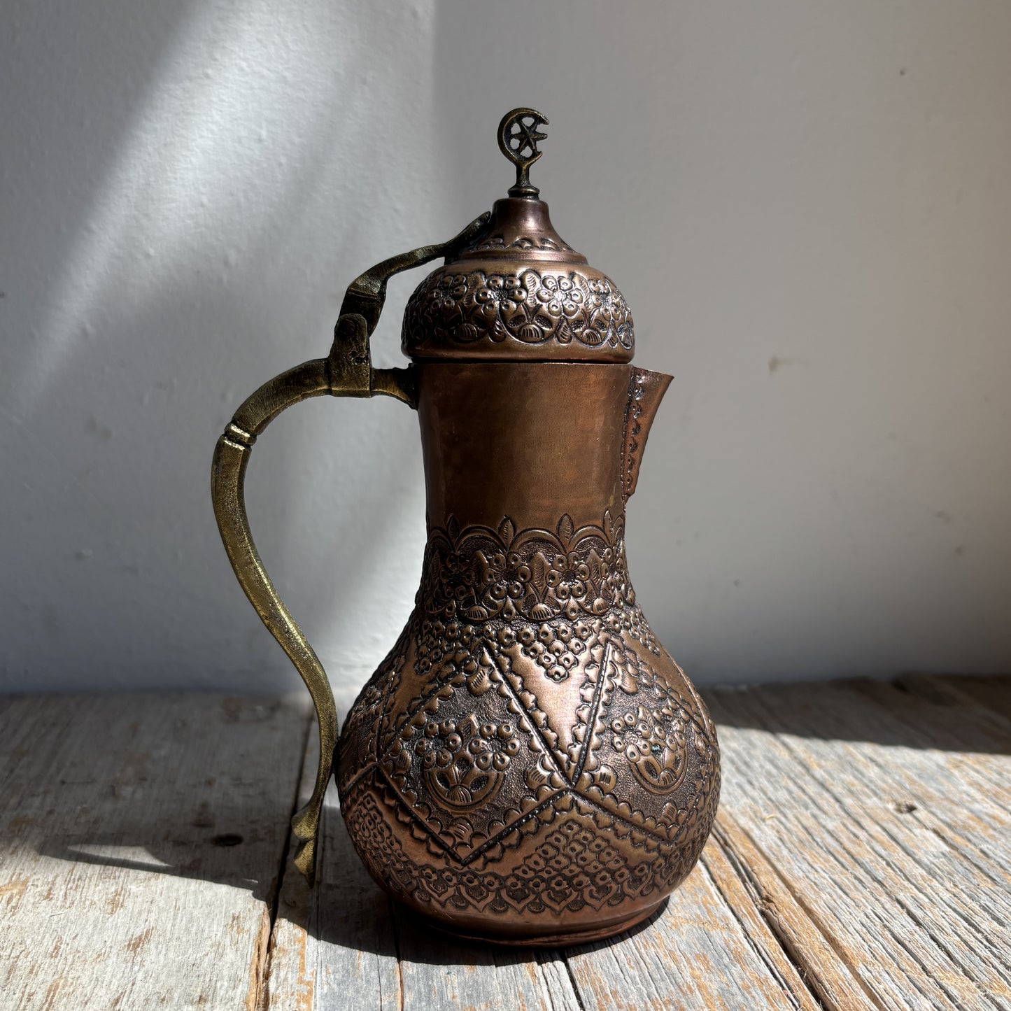 Vintage Copper Pitcher w/Brass Crescent Moon & Star