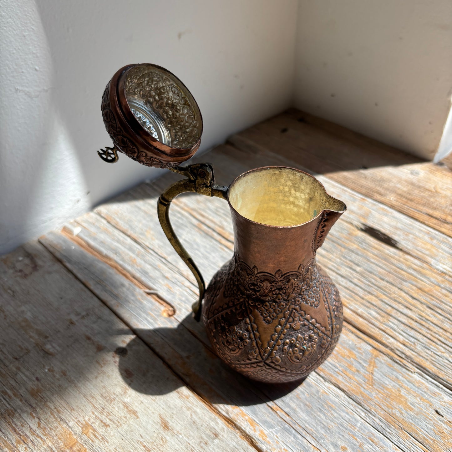 Vintage Copper Pitcher w/Brass Crescent Moon & Star