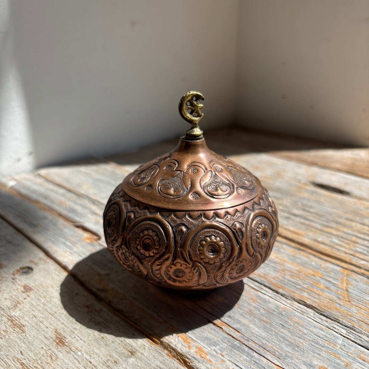Vintage Copper Sugar Bowl w/Brass Crescent Moon & Star