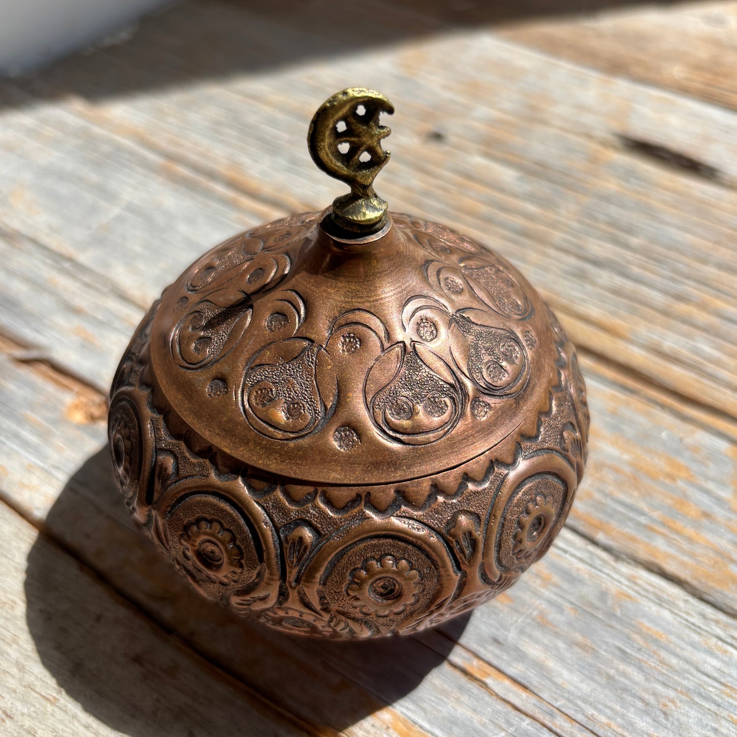 Vintage Copper Sugar Bowl w/Brass Crescent Moon & Star