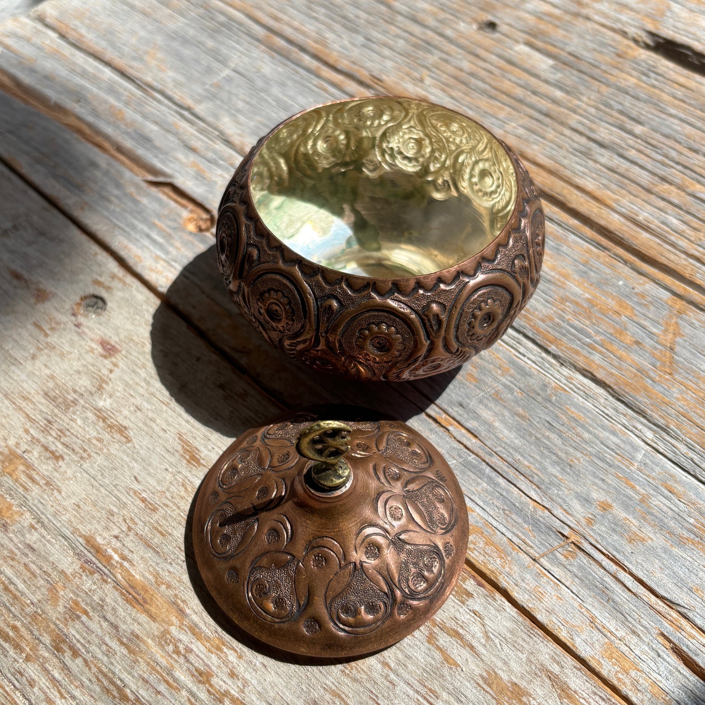 Vintage Copper Sugar Bowl w/Brass Crescent Moon & Star