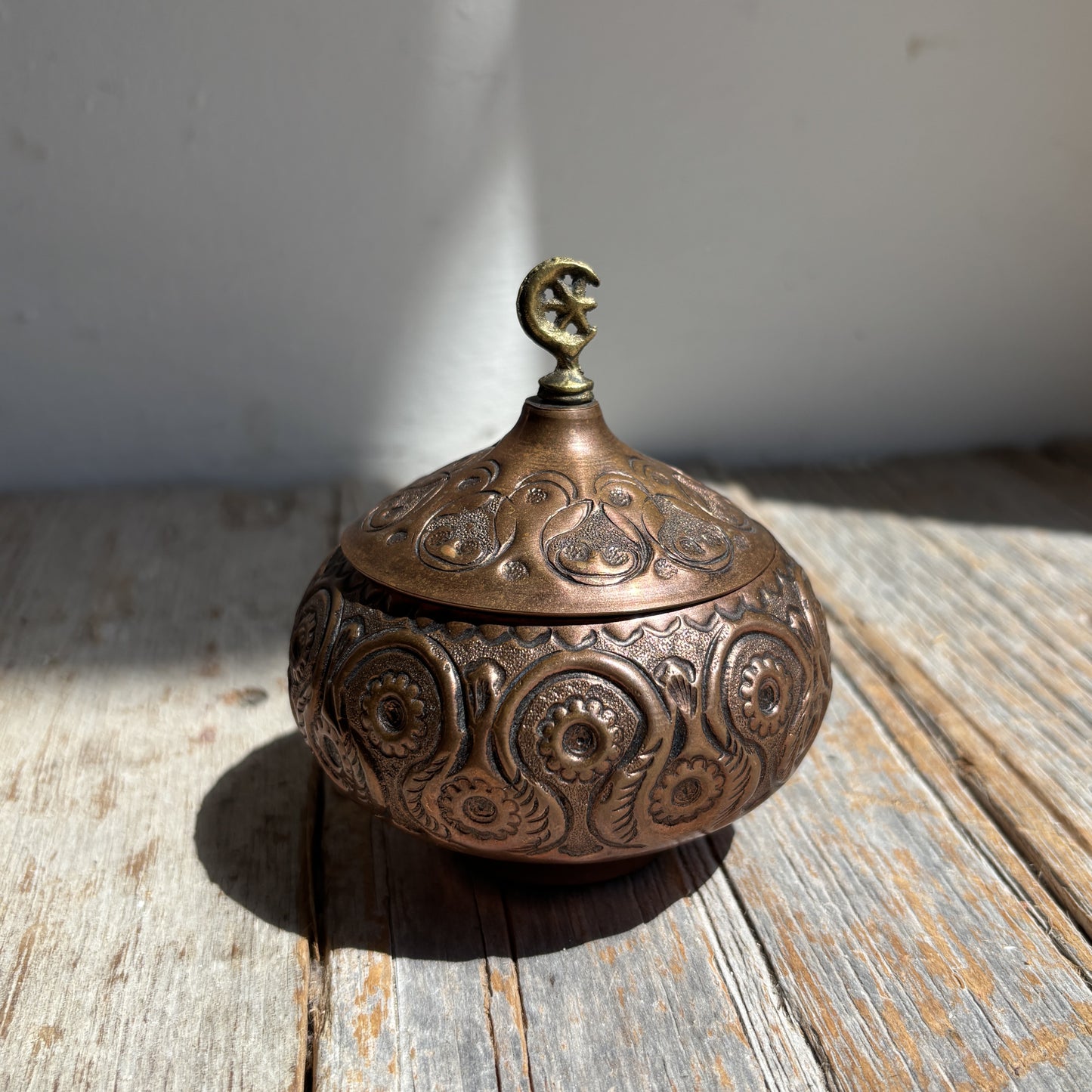 Vintage Copper Sugar Bowl w/Brass Crescent Moon & Star