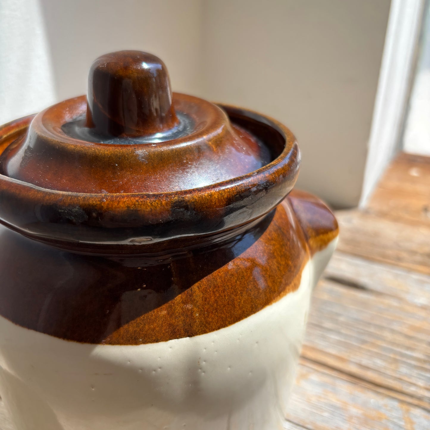 Vintage R.R.P Co Roseville Glazed Canister w/Lid - Brown/Cream