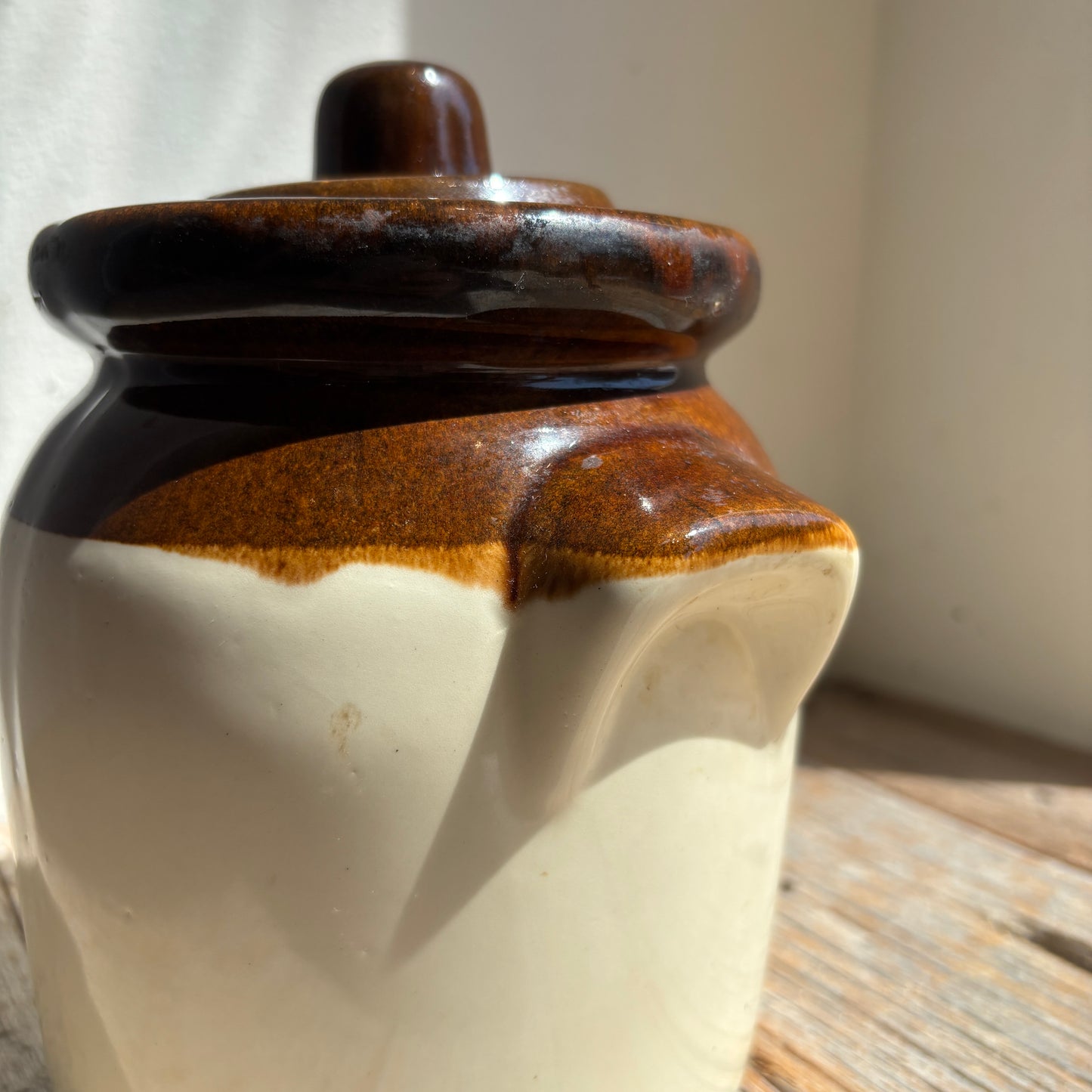 Vintage R.R.P Co Roseville Glazed Canister w/Lid - Brown/Cream