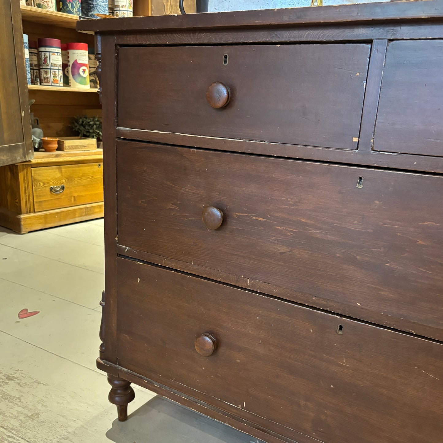 Antique Dark Wood 4 Drawer Dresser w/Decorative Back