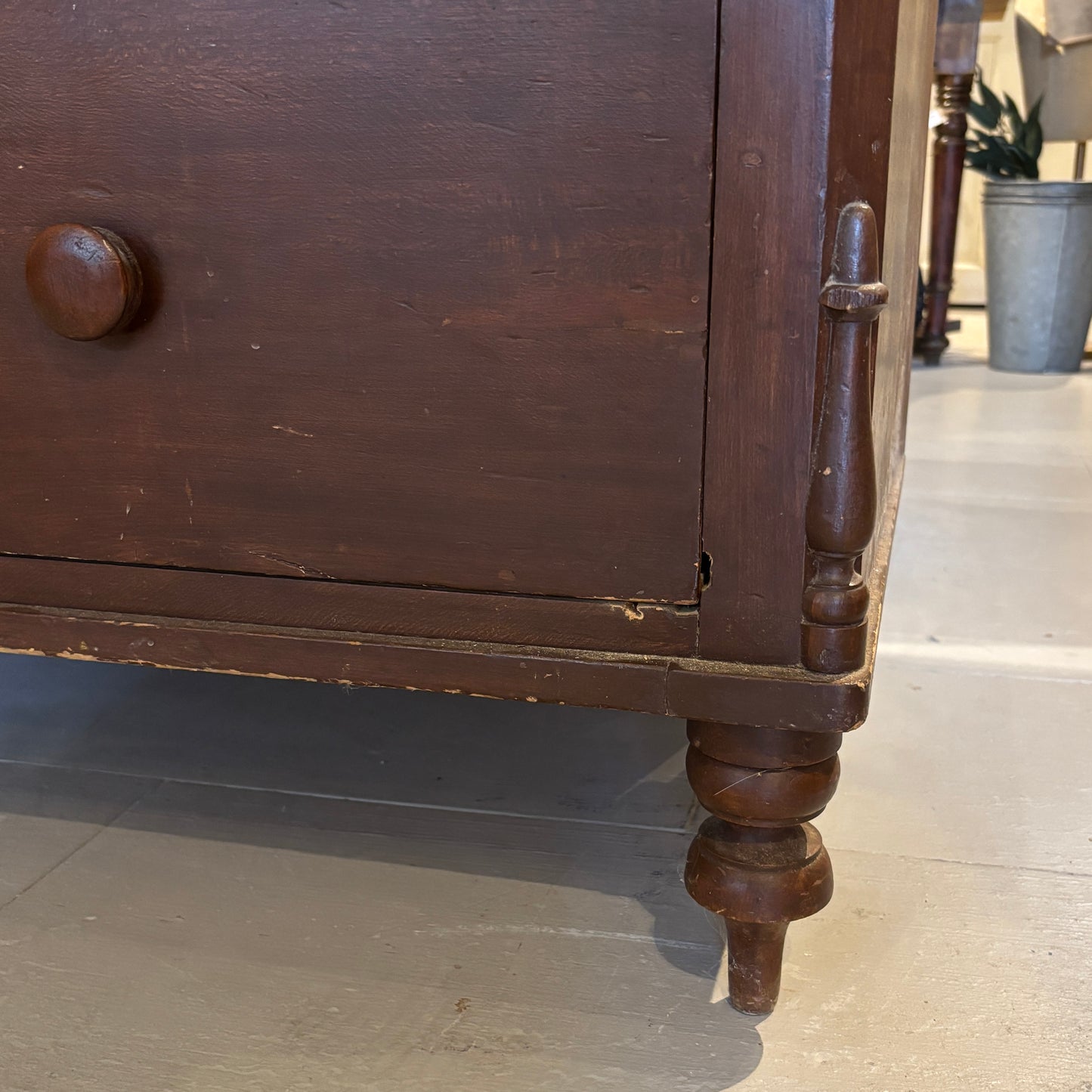 Antique Dark Wood 4 Drawer Dresser w/Decorative Back