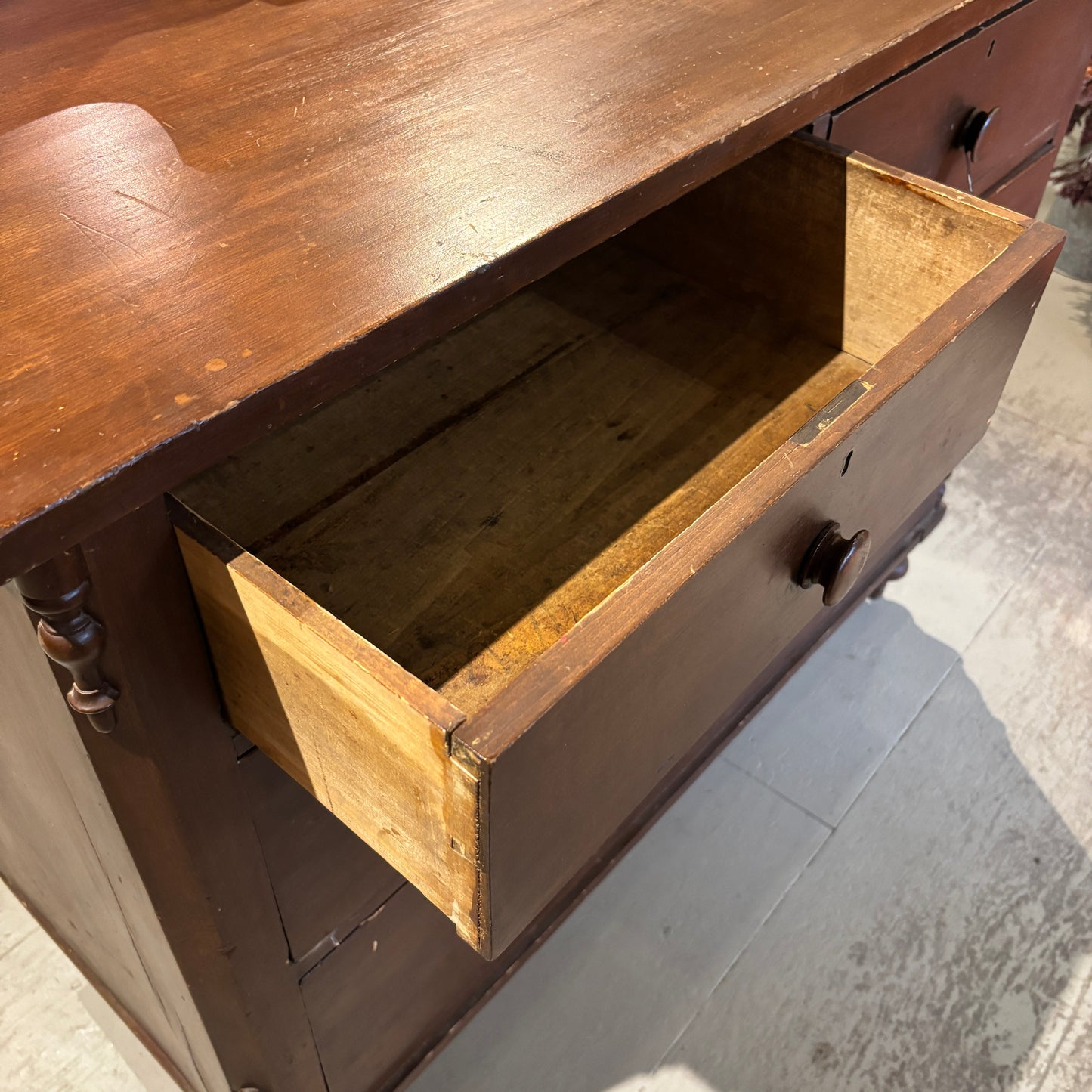 Antique Dark Wood 4 Drawer Dresser w/Decorative Back