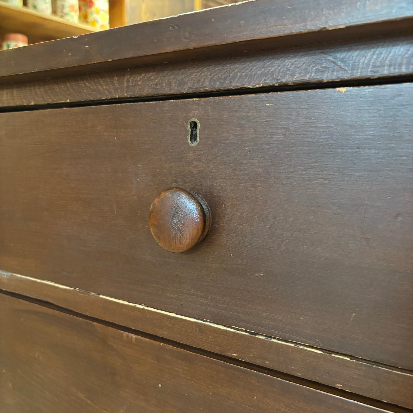 Antique Dark Wood 4 Drawer Dresser w/Decorative Back