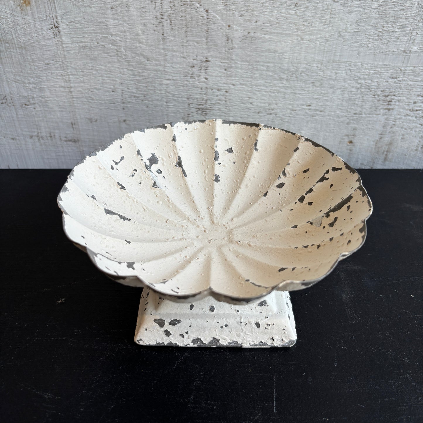 Distressed Cast Iron Scalloped Footed Dish