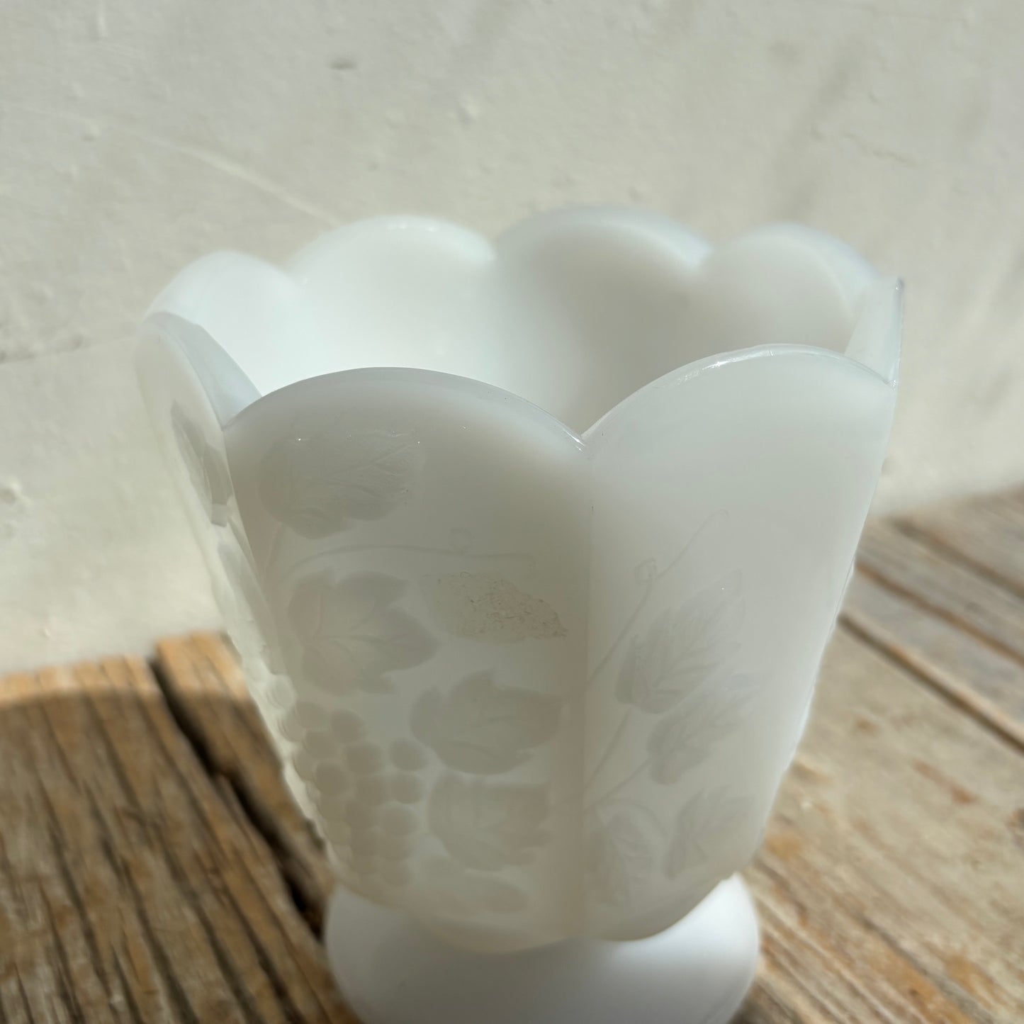 Scalloped Milk Glass Vase - Grape Design
