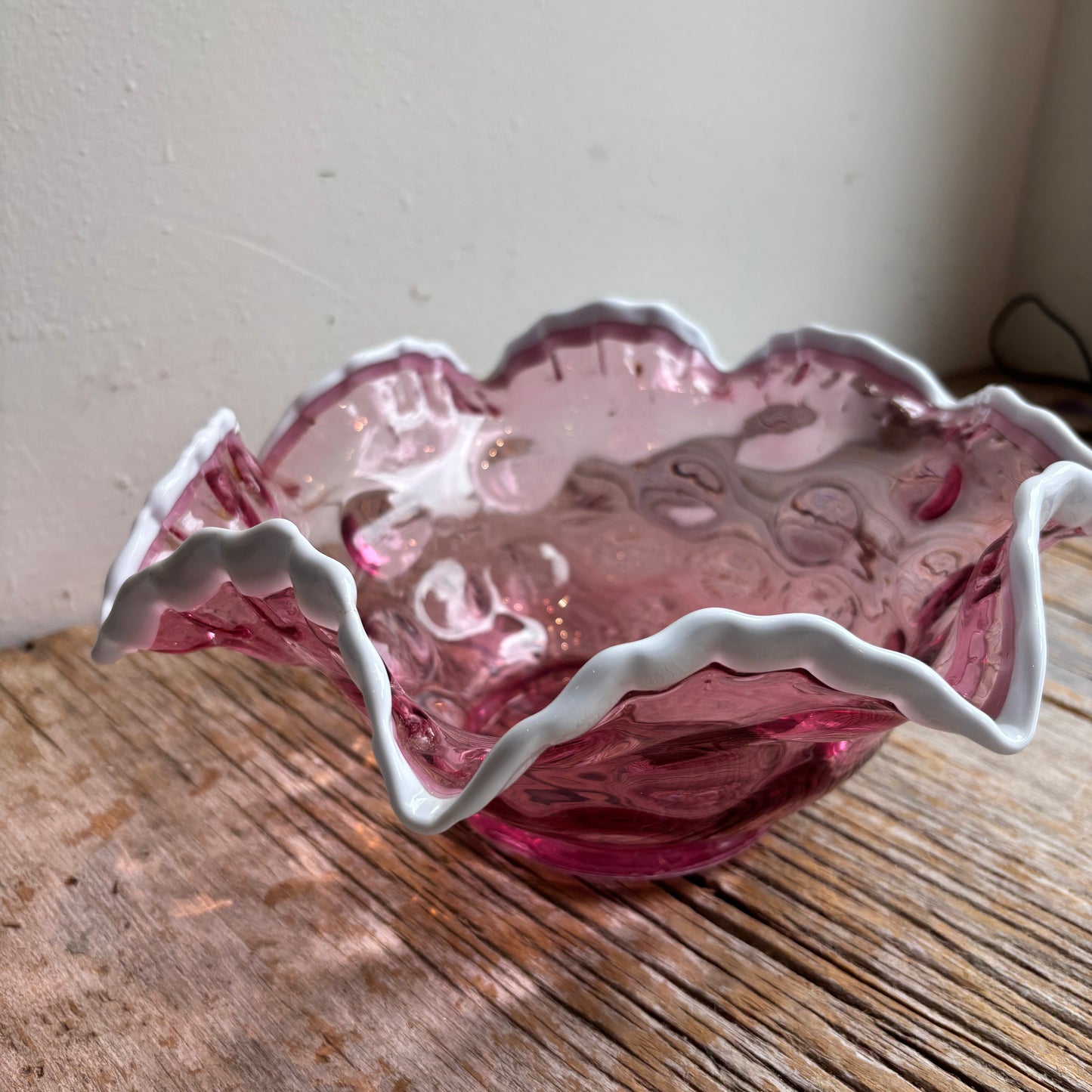 Vintage Handblown Glass Bowl - Pink w/White Rim