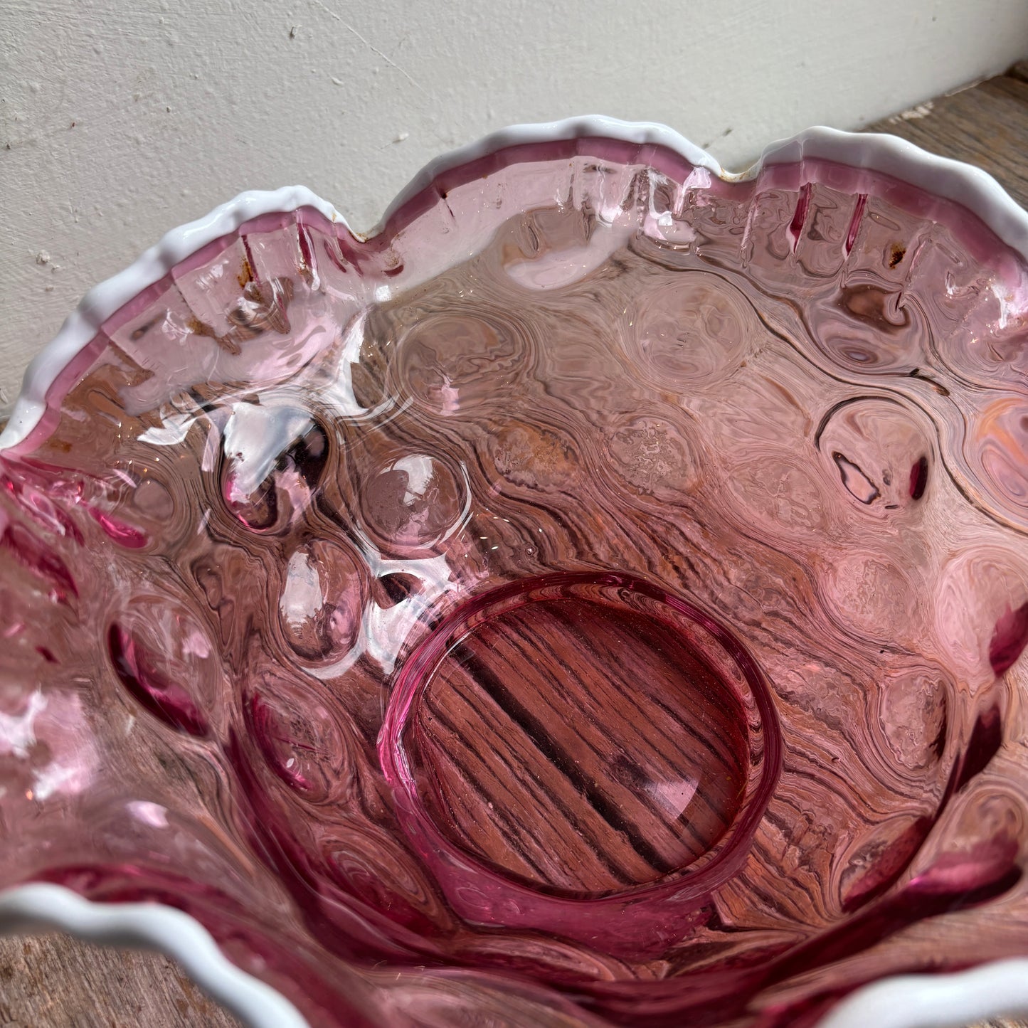Vintage Handblown Glass Bowl - Pink w/White Rim