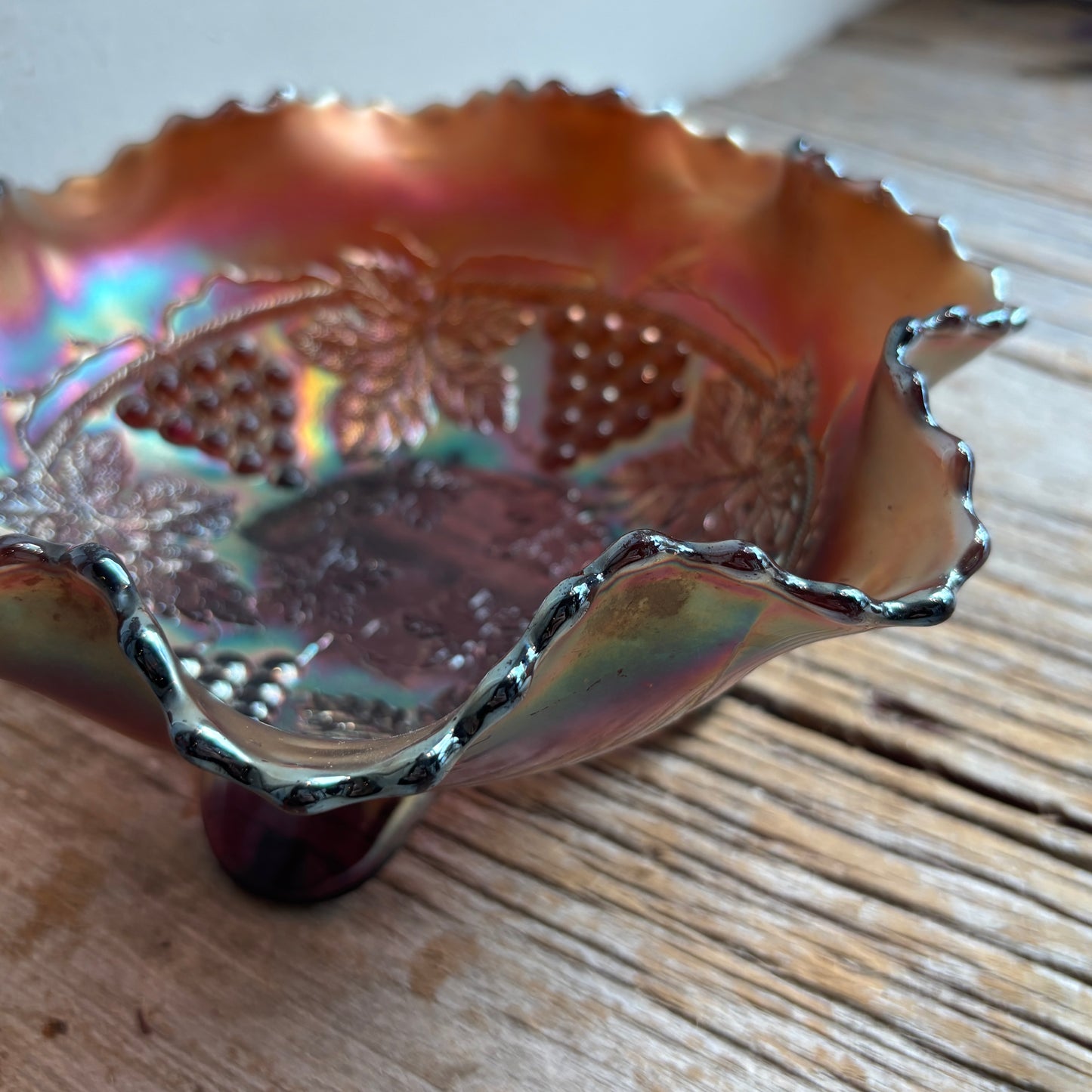 Antique Fenton Carnival Glass Footed Bowl - Grape & Cable Design