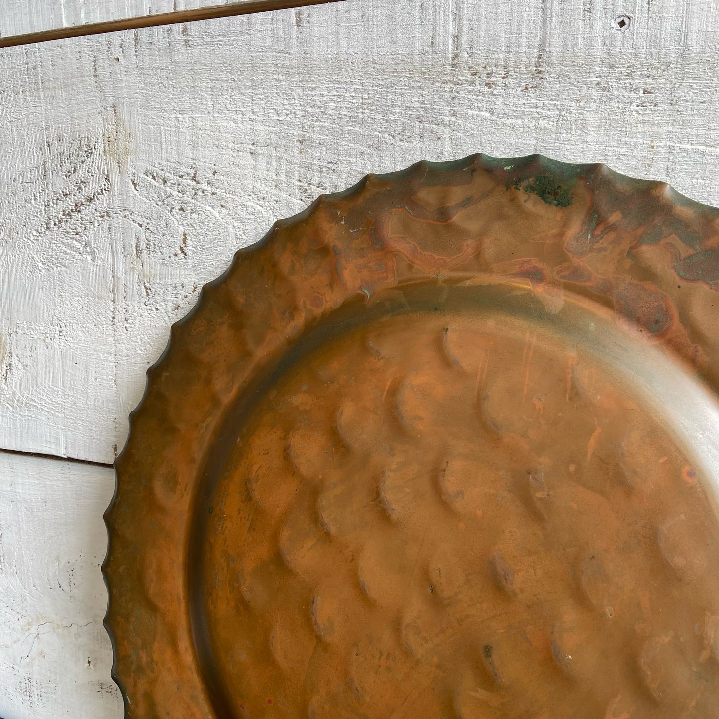 Vintage Hammered Copper Serving Tray w/ Scallop Edge